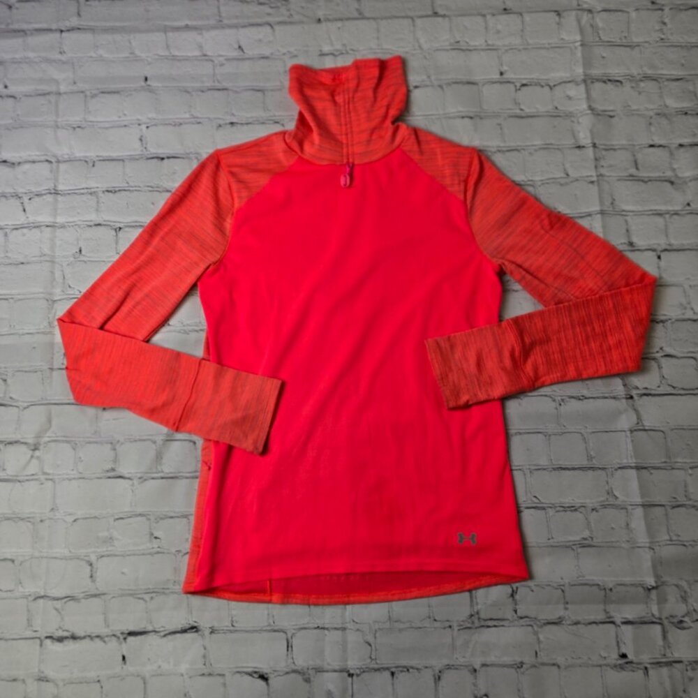 Under Armour Cold Gear Long Sleeve Mock Neck Athletic Top  Pocket Orange Medium